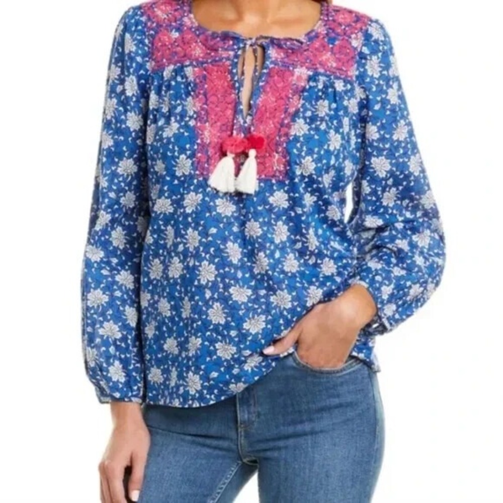 NWT J CREW‎ Size S Embroidered Cotton Voile Tunic Top Blue Floral Print AM848